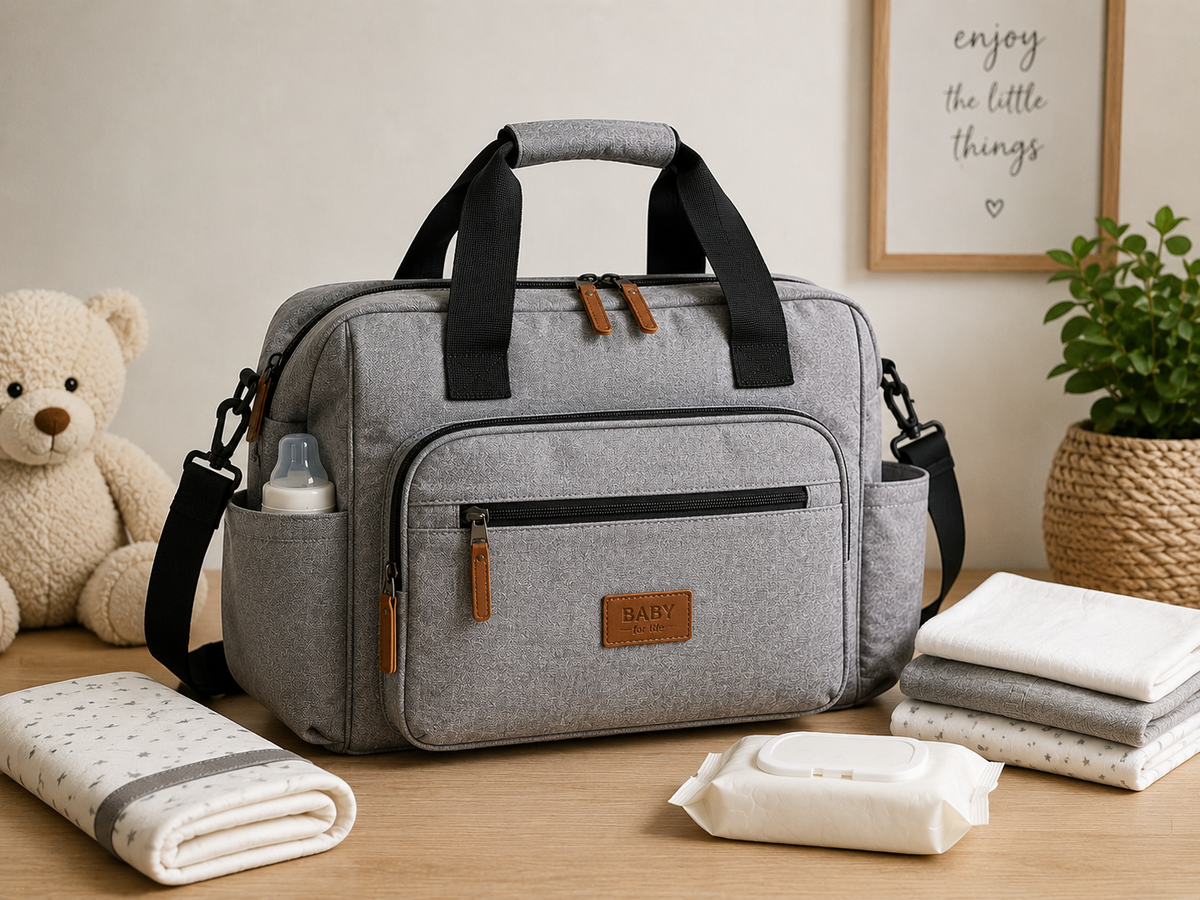 Sac à langer gris chiné à anses noires, posé sur une table avec un biberon, un ourson, des langes pliés et un paquet de lingettes Image