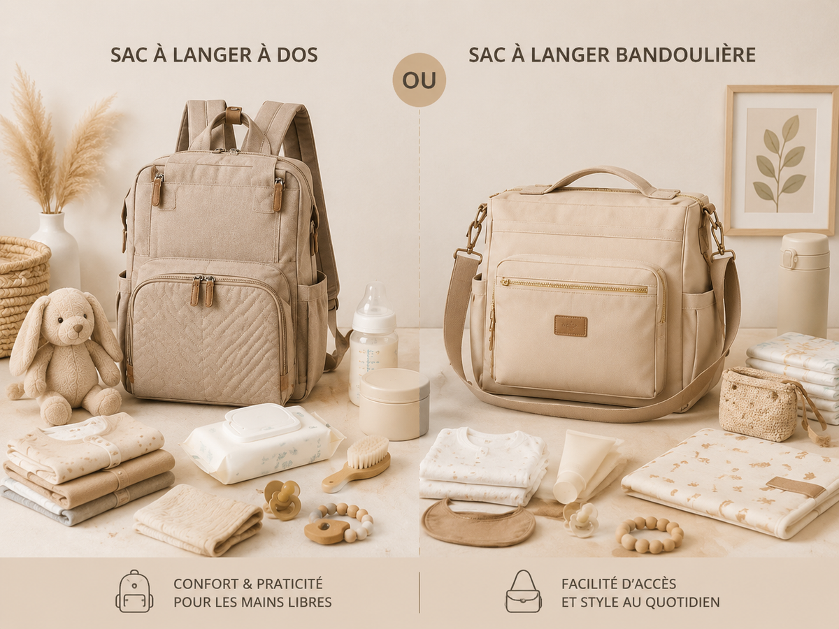 Un sac à dos à langer et un sac à langer bandoulière posés l'un à côté de l'autre Image