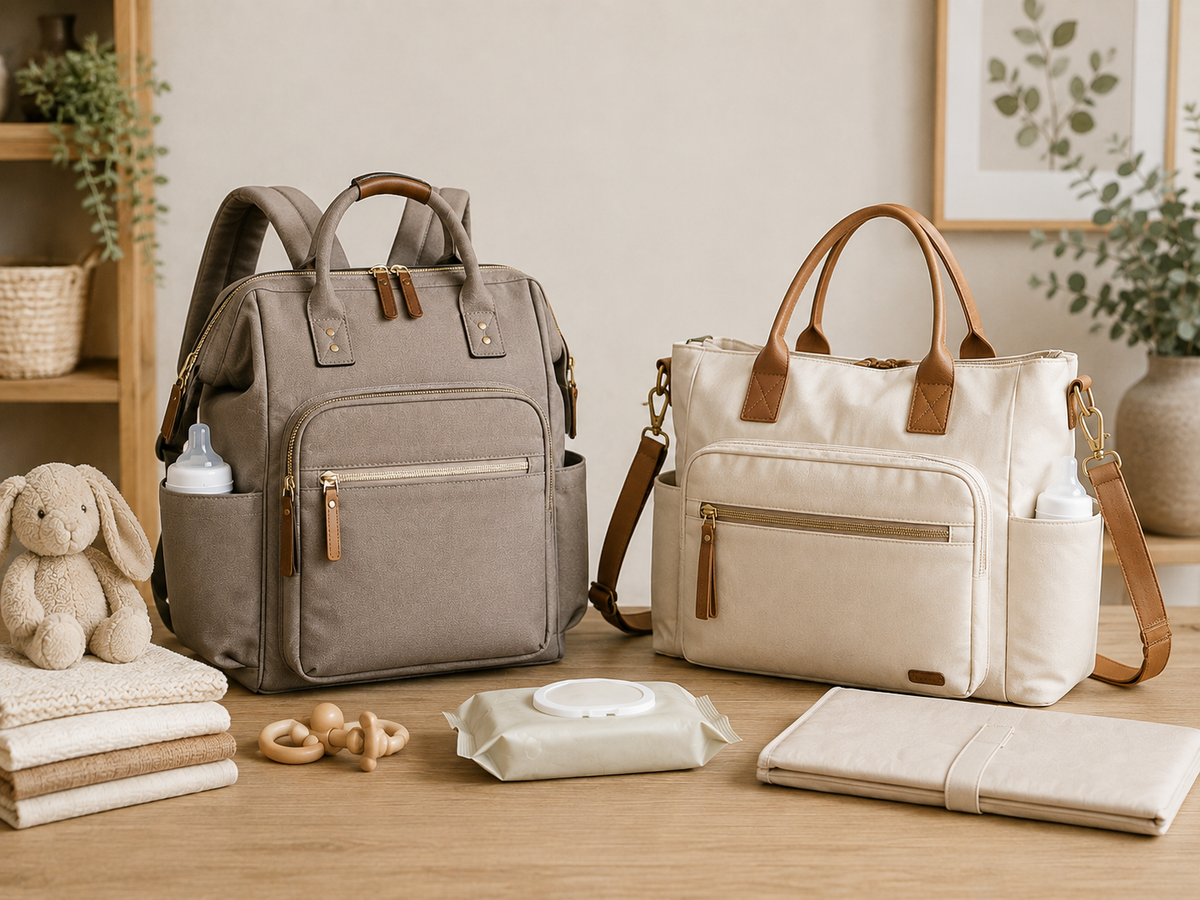 Deux sacs à langer côte à côte sur une table en bois : un sac à dos gris taupe et un cabas beige à anses en cuir, entourés d'un biberon, de langes pliés, de lingettes et d'un tapis à langer Image