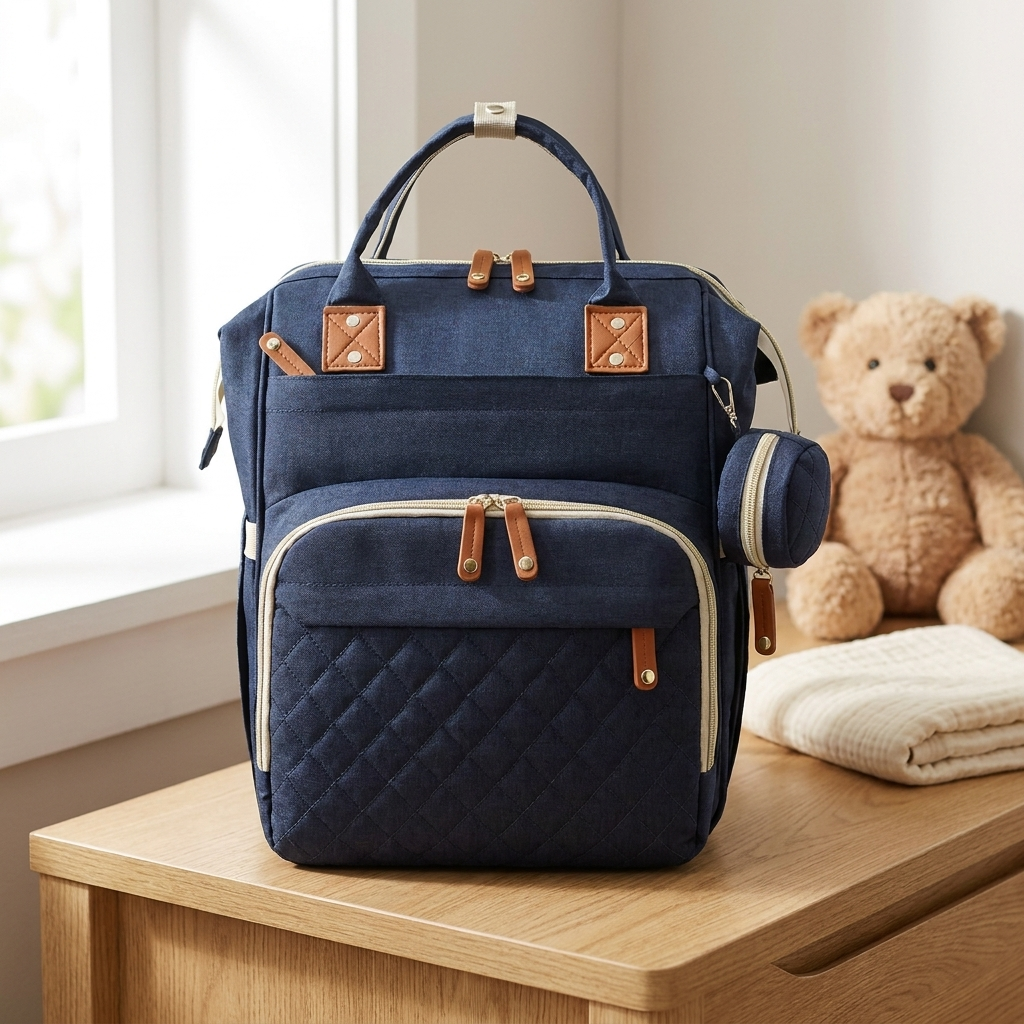 Sac à dos à langer, imperméable, gris, coloris Bleu marine, en situation