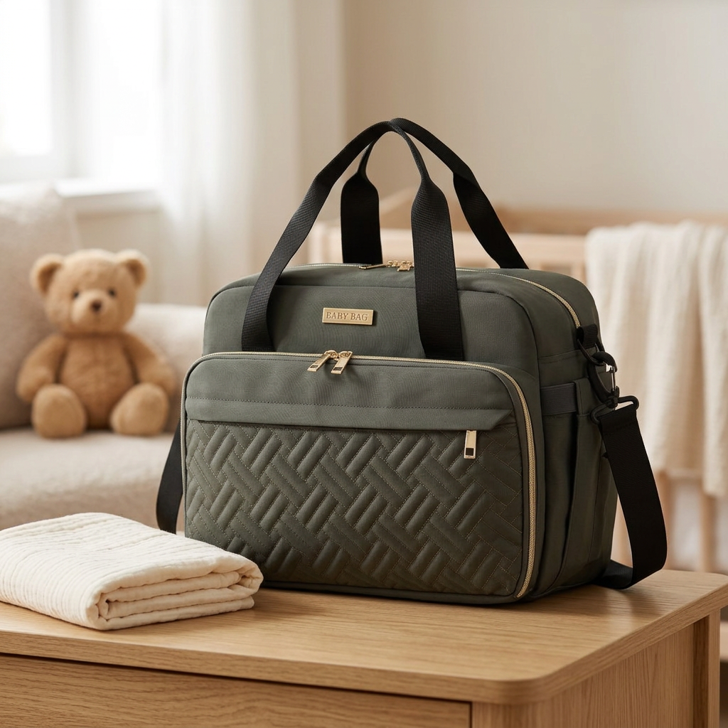 Sac à langer bandoulière, en toile, noir, coloris Vert, en situation