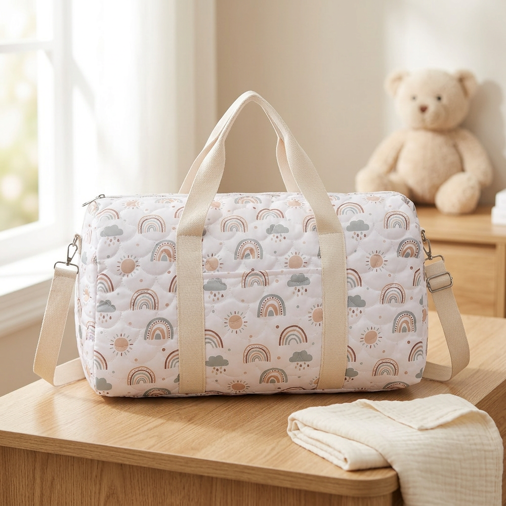 Sac à langer cabas, grande capacité, velours, coloris Arc en ciel, en situation