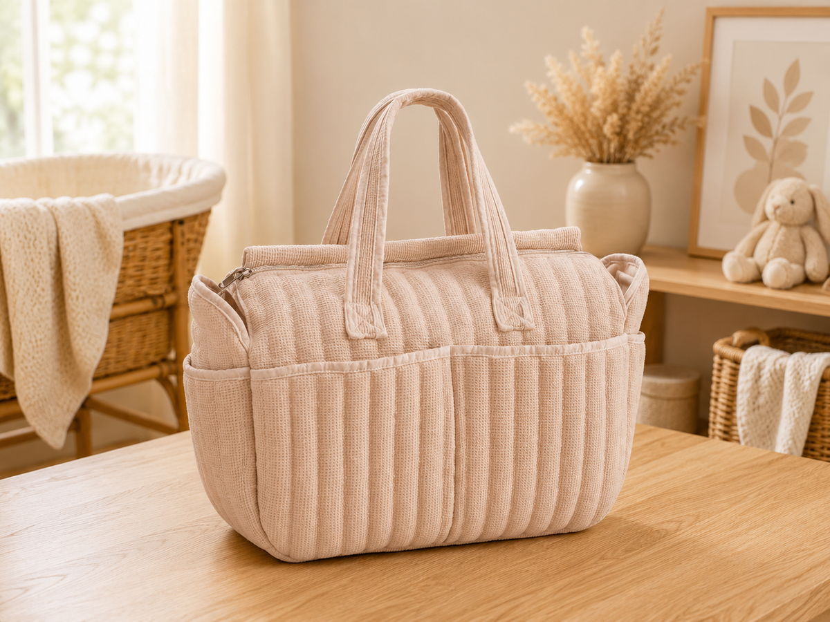 Sac à dos à langer, imperméable, rose, posé dans un intérieur clair aux tons naturels