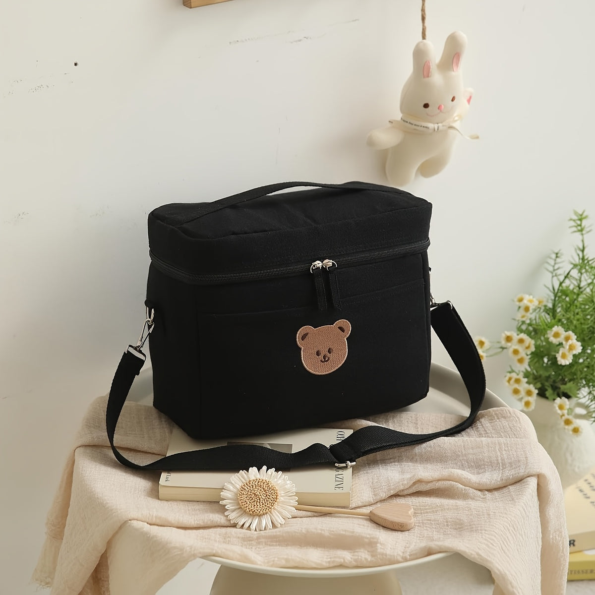 Sac isotherme à langer rigide, brodé ourson, noir