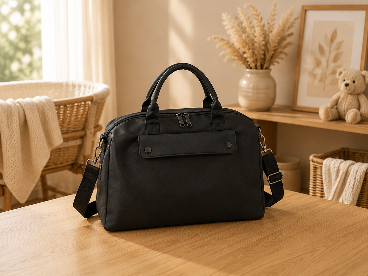 Sac à langer cabas, noir, 3 coloris, posé dans un intérieur clair aux tons naturels