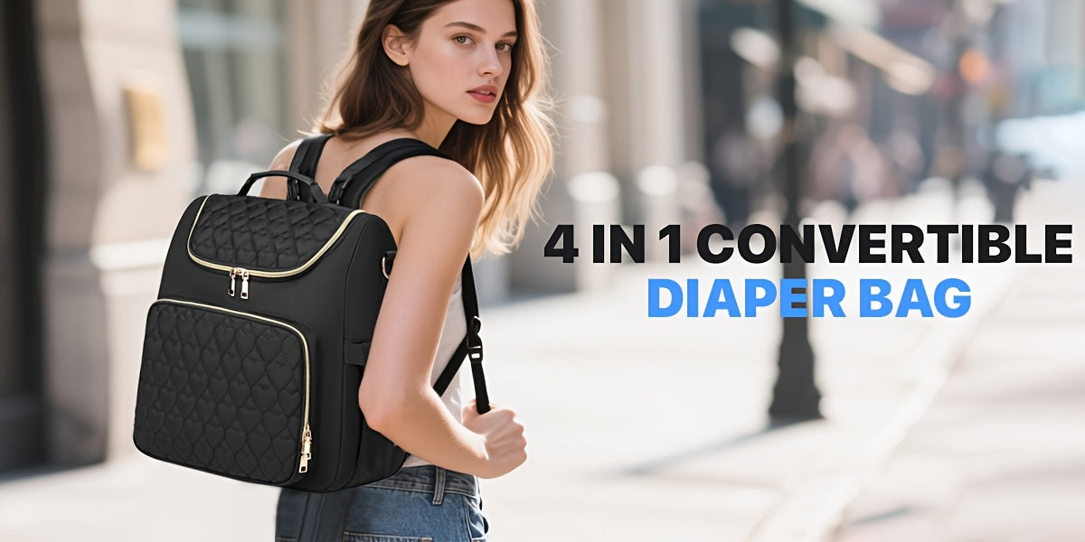 Sac à dos à langer matelassé, pochette et tapis inclus, noir