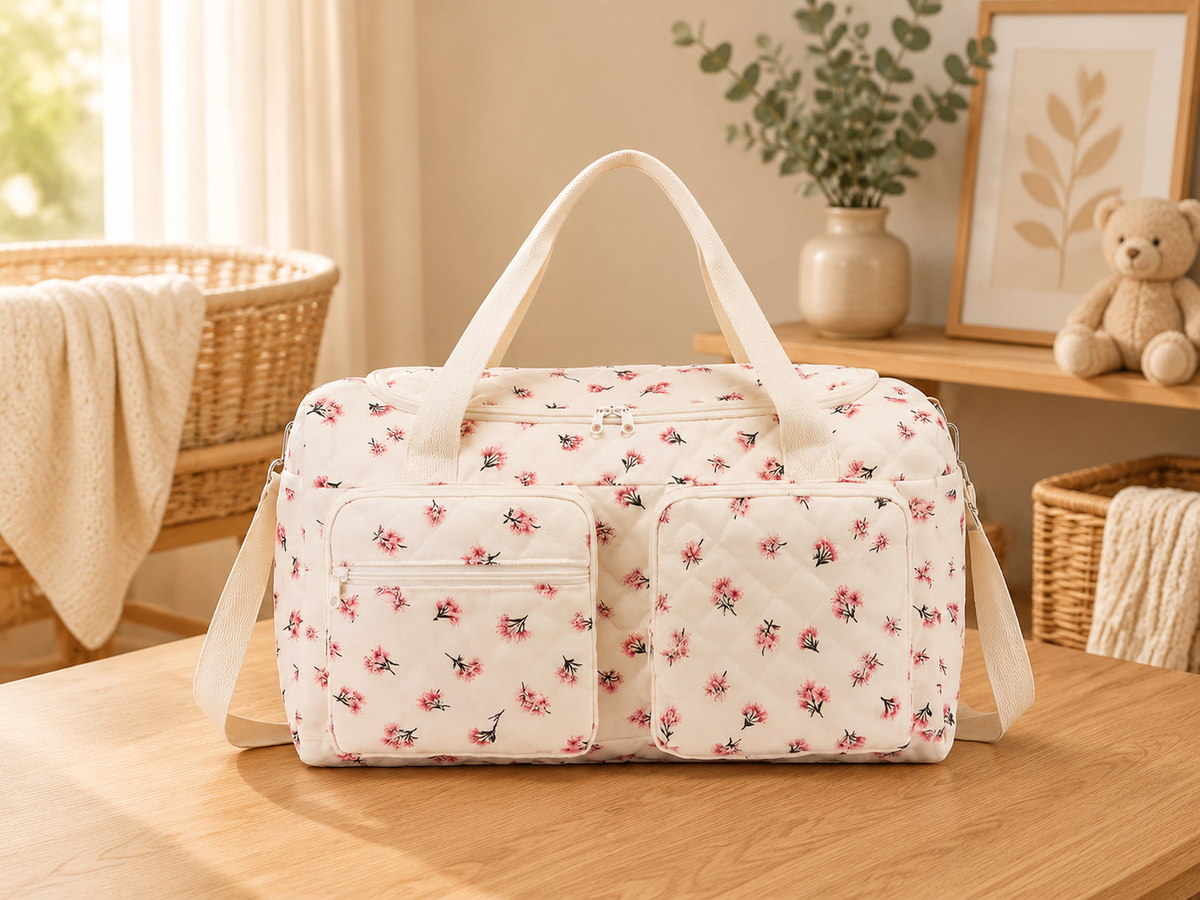 Sac à langer bandoulière, grande capacité, couleur rose, posé dans un intérieur clair aux tons naturels