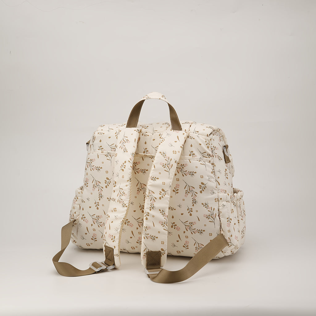 Sac à dos à langer matelassé à fleurs, se fixe à la poussette