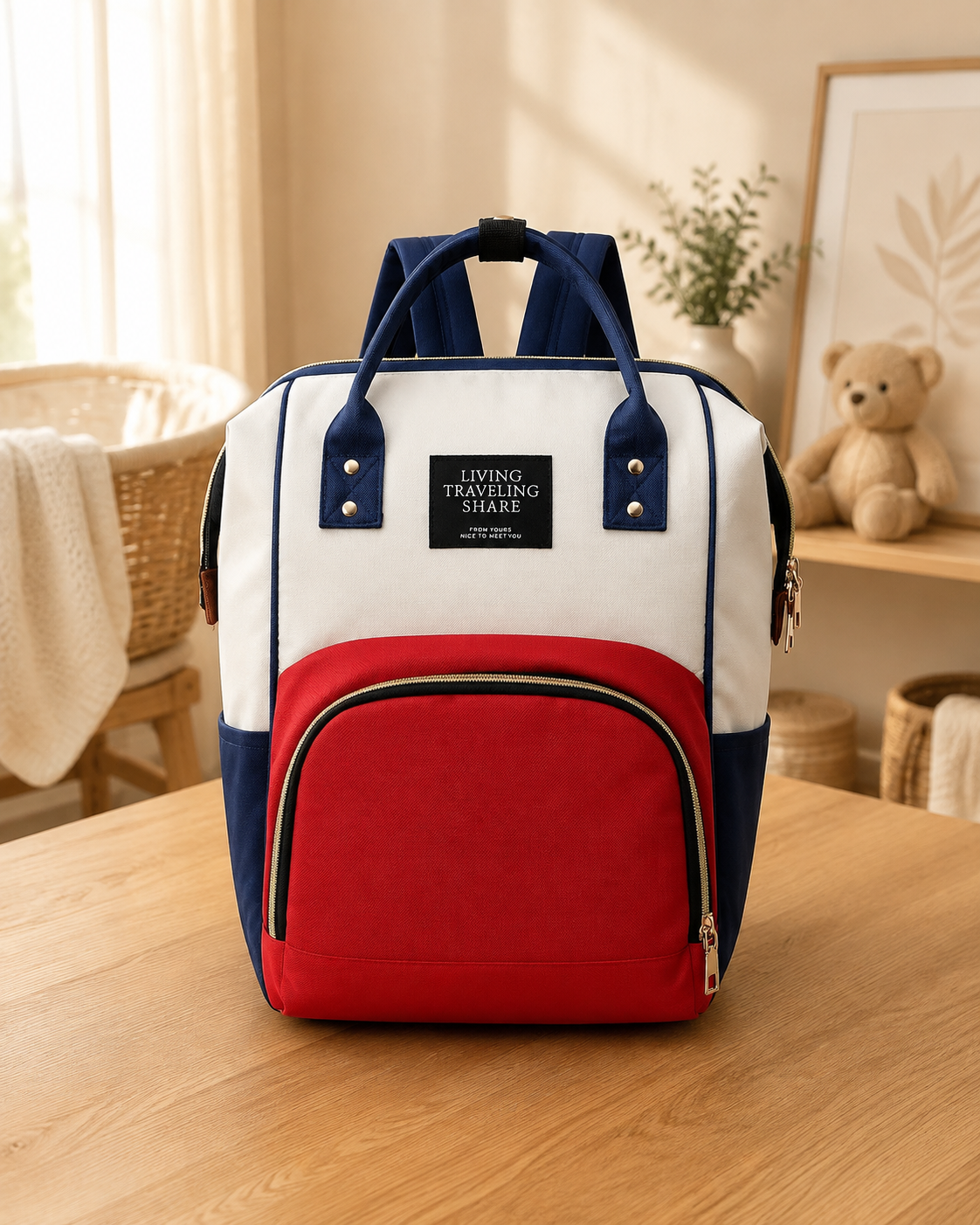 Sac à dos à langer, grande capacité, 6 coloris, en toile, posé dans un intérieur clair aux tons naturels