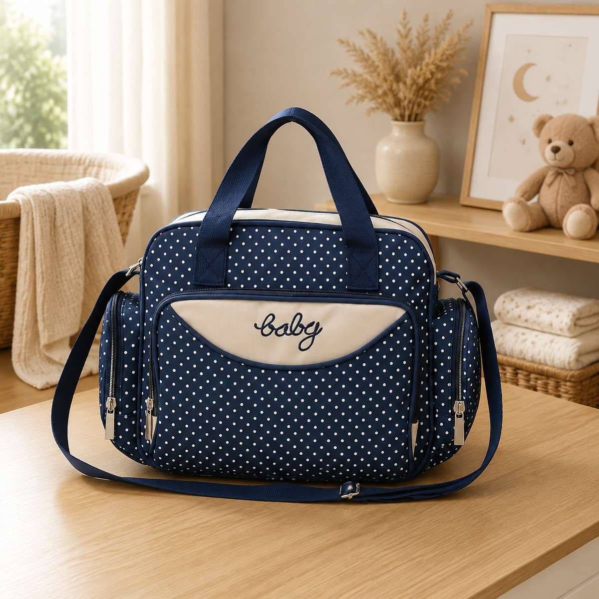 Sac à langer cabas, grande capacité, chic, voyage, posé dans un intérieur clair aux tons naturels