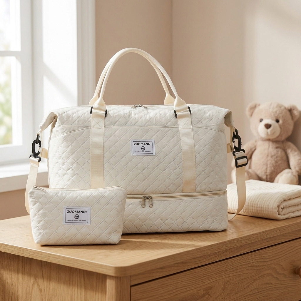 Sac à langer week-end, matelassé écru, trousse incluse, en situation