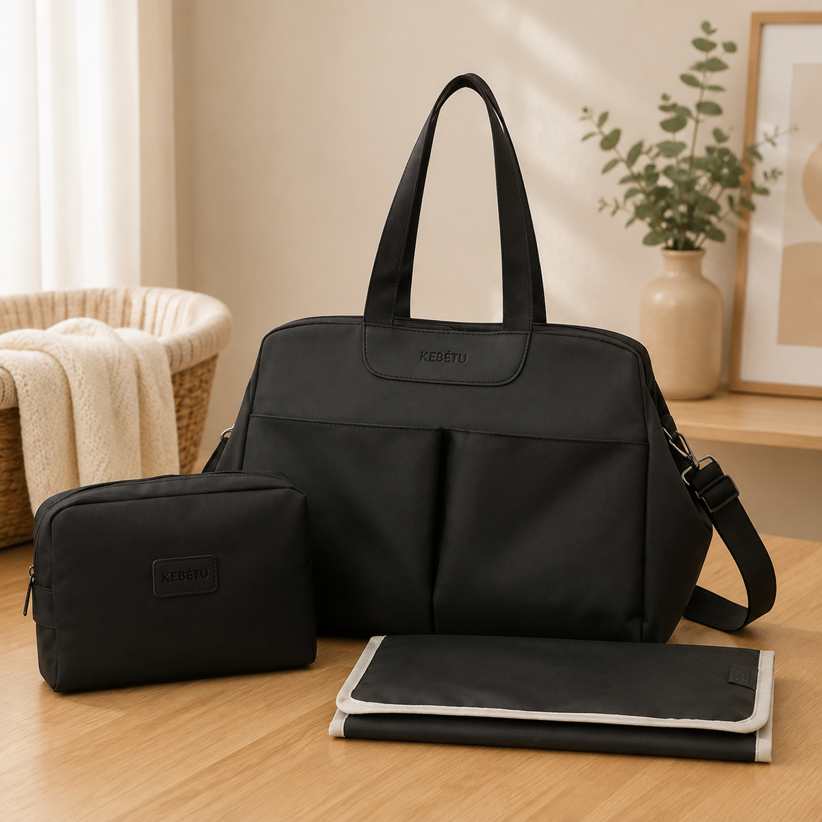 Sac à langer cabas, tapis inclus, posé dans un intérieur clair aux tons naturels