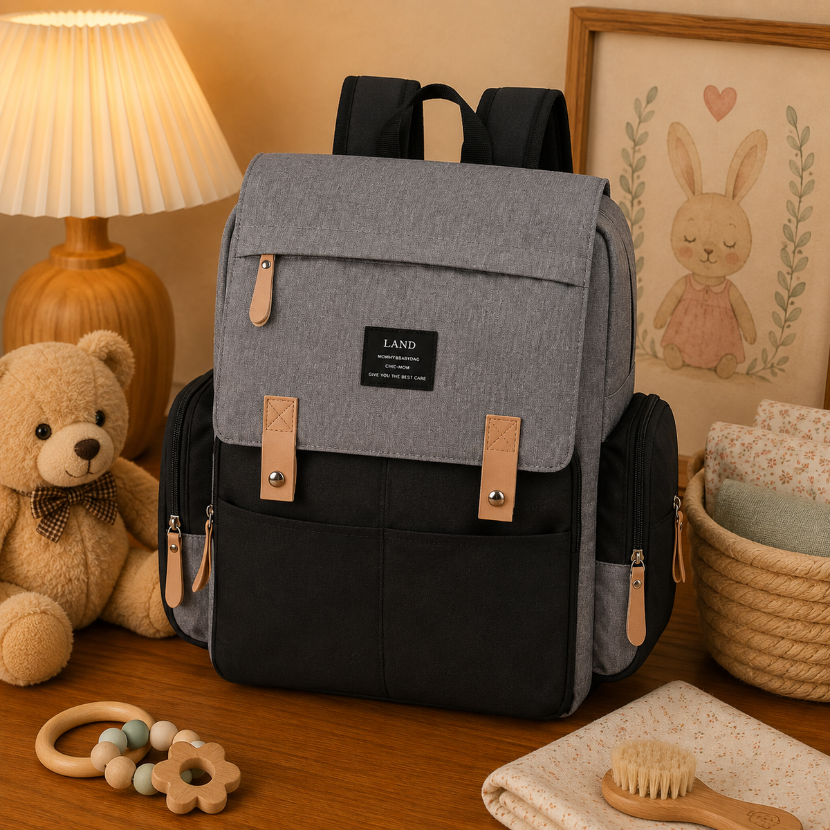 Sac à dos à langer, avec tapis à langer, gris, coloris Noir gris, en situation