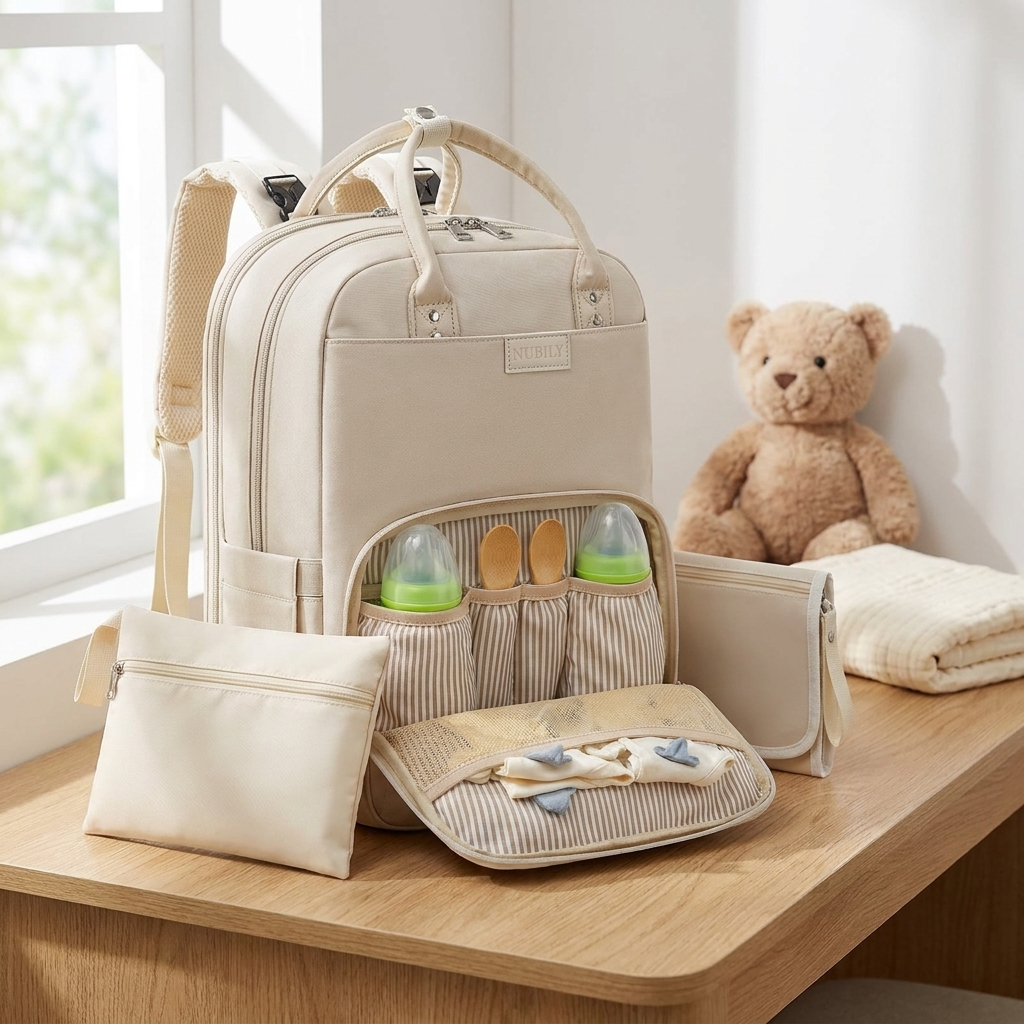 Sac à langer pour poussette, tapis inclus, coloris Beige, en situation