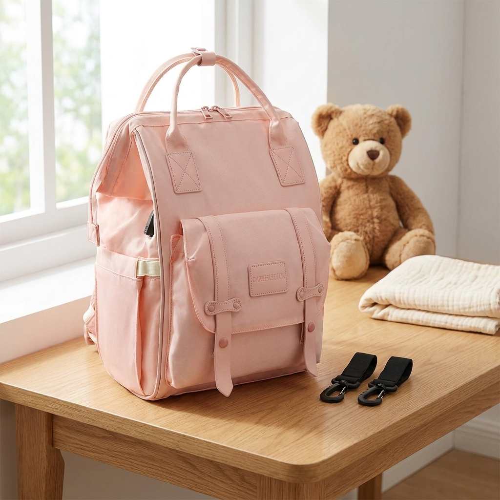 Sac à dos à langer, 28 x 40 cm, coloris Rose, en situation