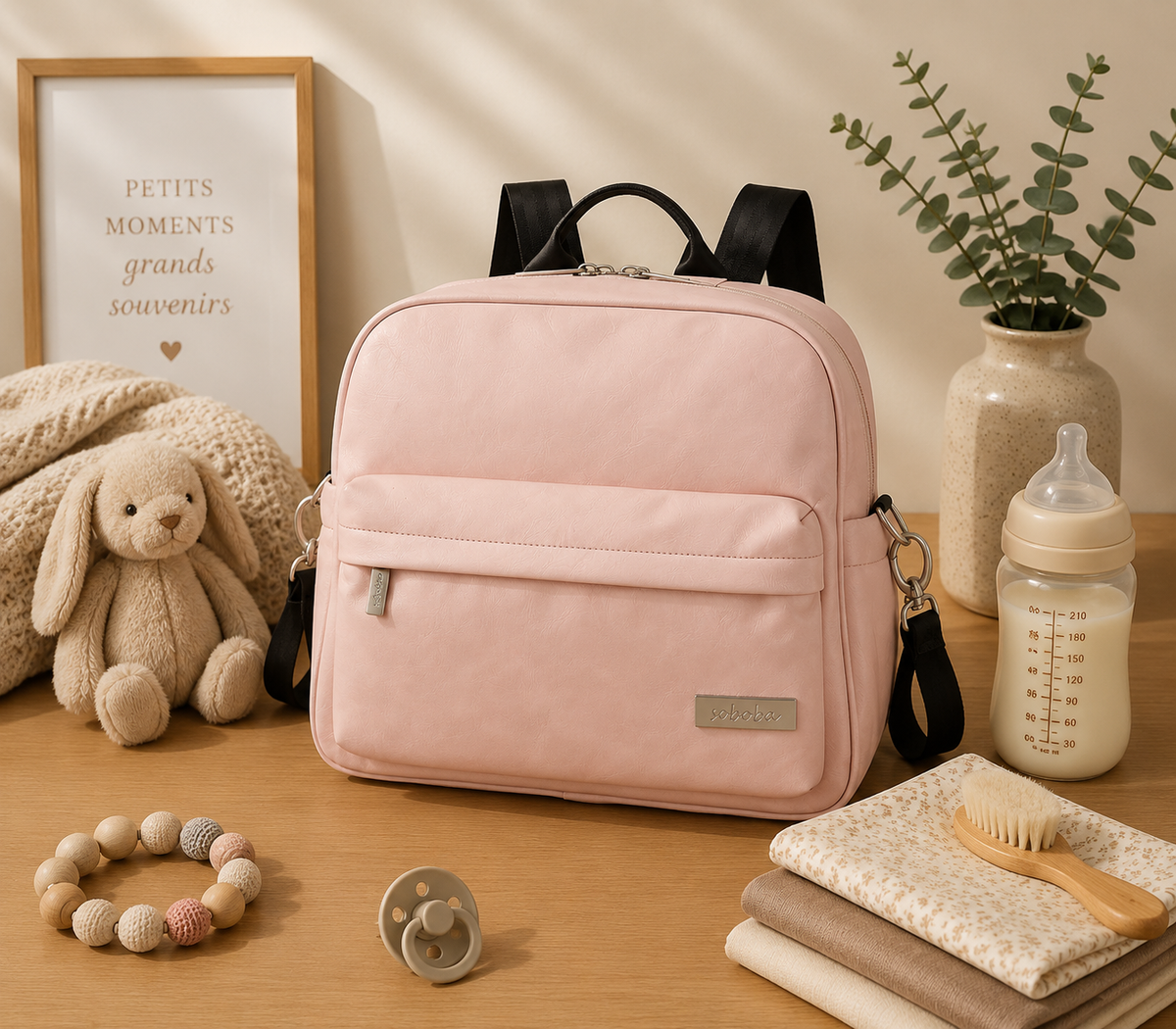 Sac à dos à langer, imperméable, à étoiles, posé dans un intérieur clair aux tons naturels
