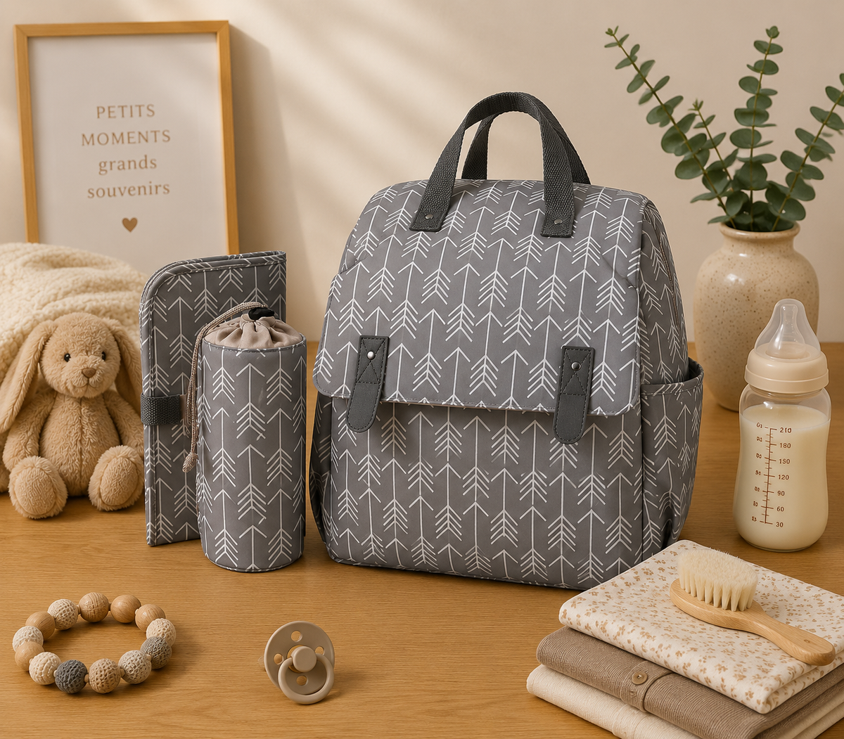 Sac à dos à langer, à motif géométrique, 3 coloris, posé dans un intérieur clair aux tons naturels