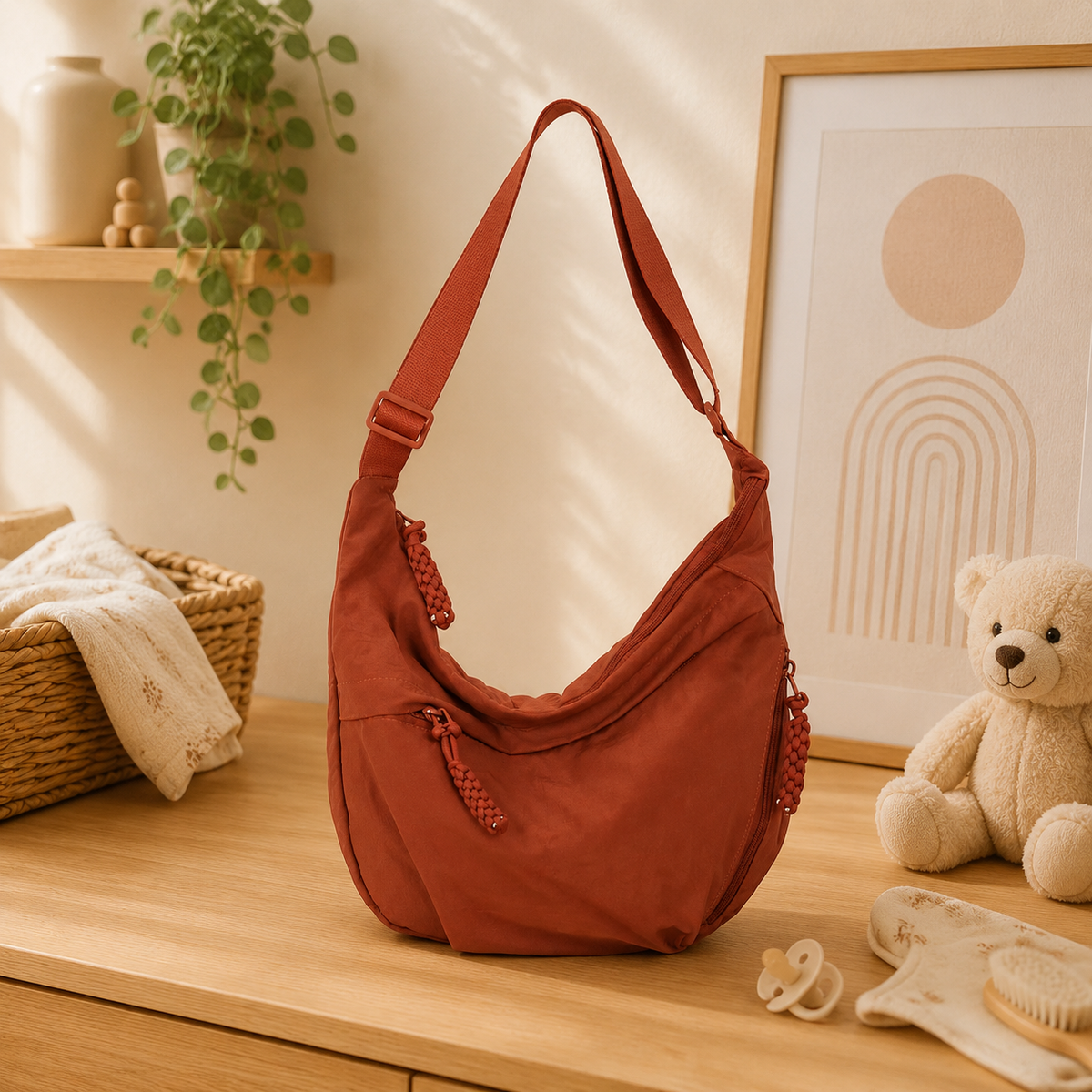 Sac à langer bandoulière, en nylon, orange, posé dans un intérieur clair aux tons naturels