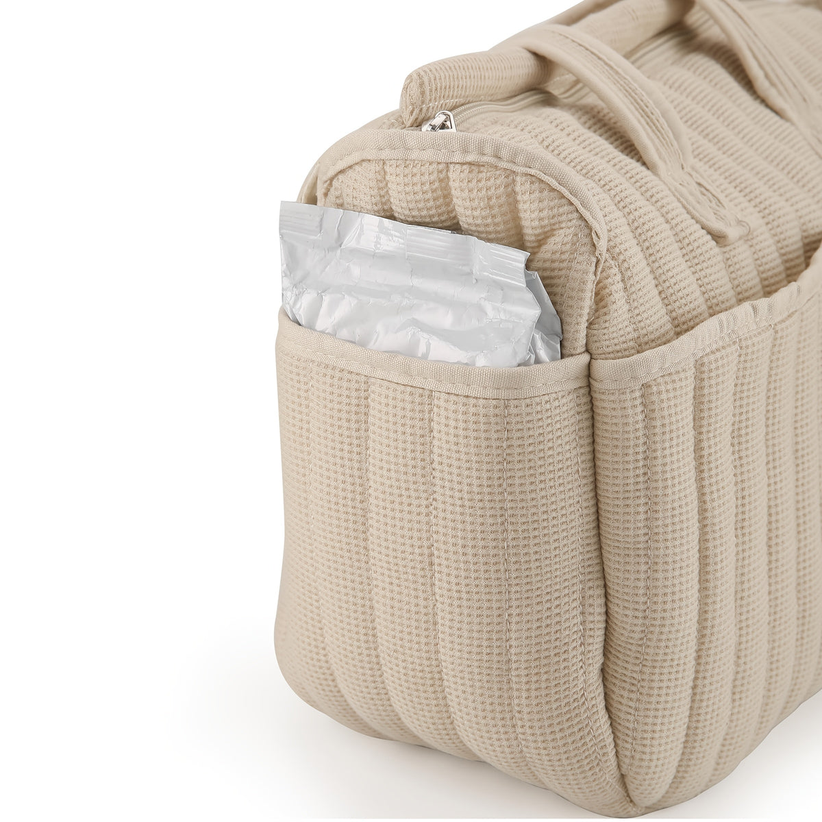 Sac à langer cabas matelassé gaufré, se fixe à la poussette, écru