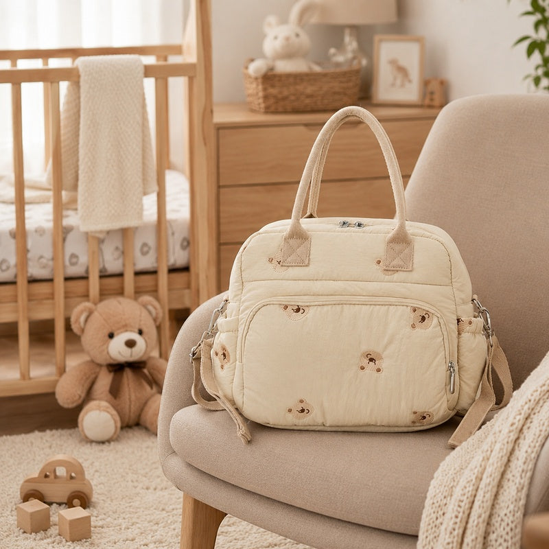 Sac à langer cabas brodé ourson en peluche, 2 coloris