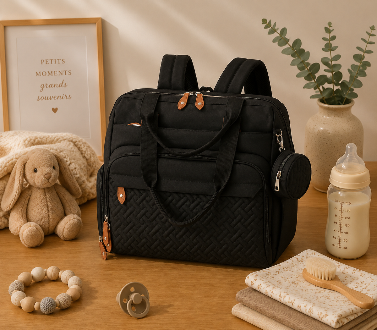 Sac à dos à langer, multi-portage, voyage, posé dans un intérieur clair aux tons naturels