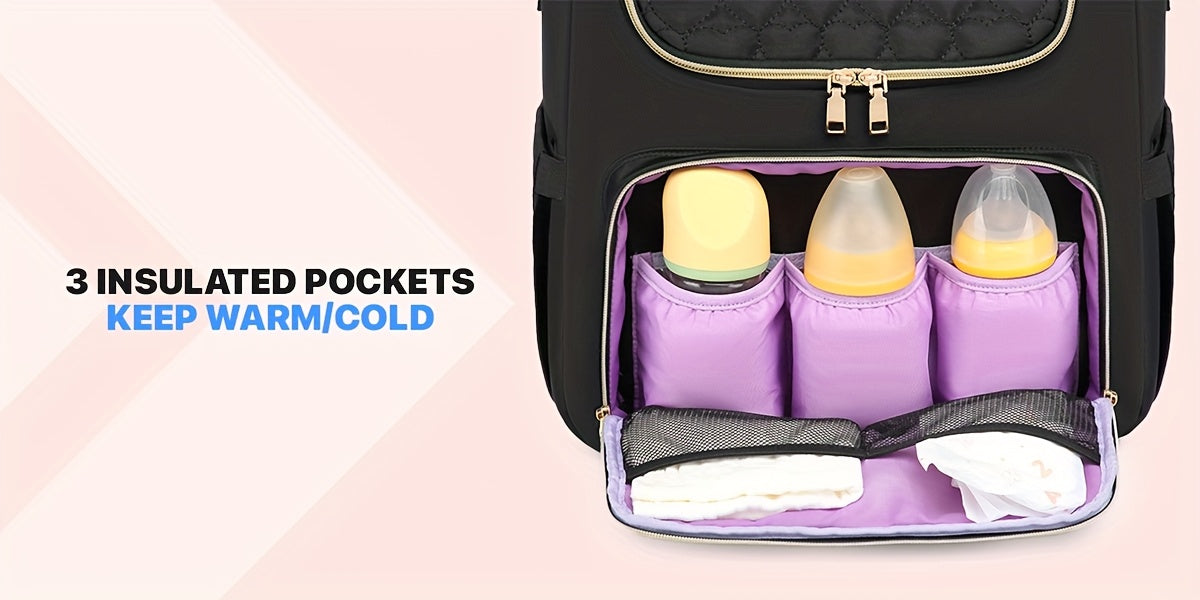 Sac à dos à langer matelassé, pochette et tapis inclus, noir