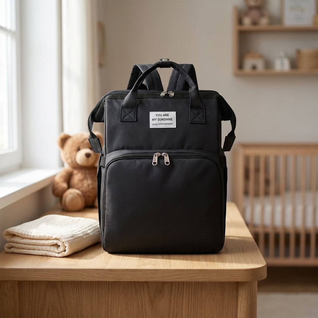 Sac à langer à dos, noir uni, grande capacité, en situation