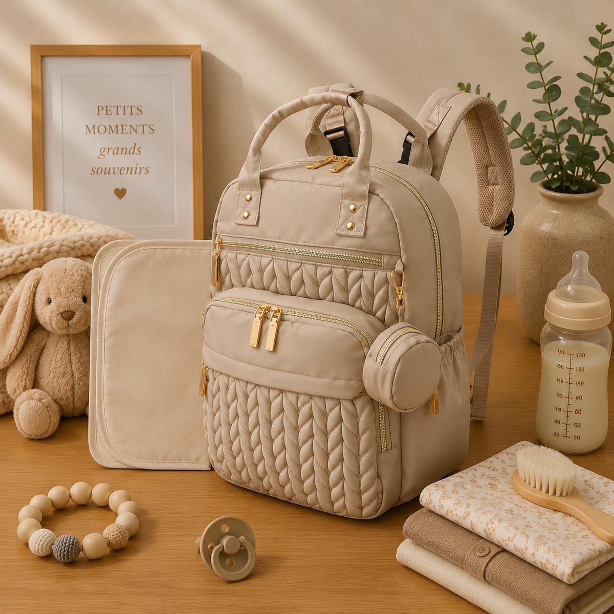 Sac à dos à langer, avec tapis à langer, kaki, posé dans un intérieur clair aux tons naturels