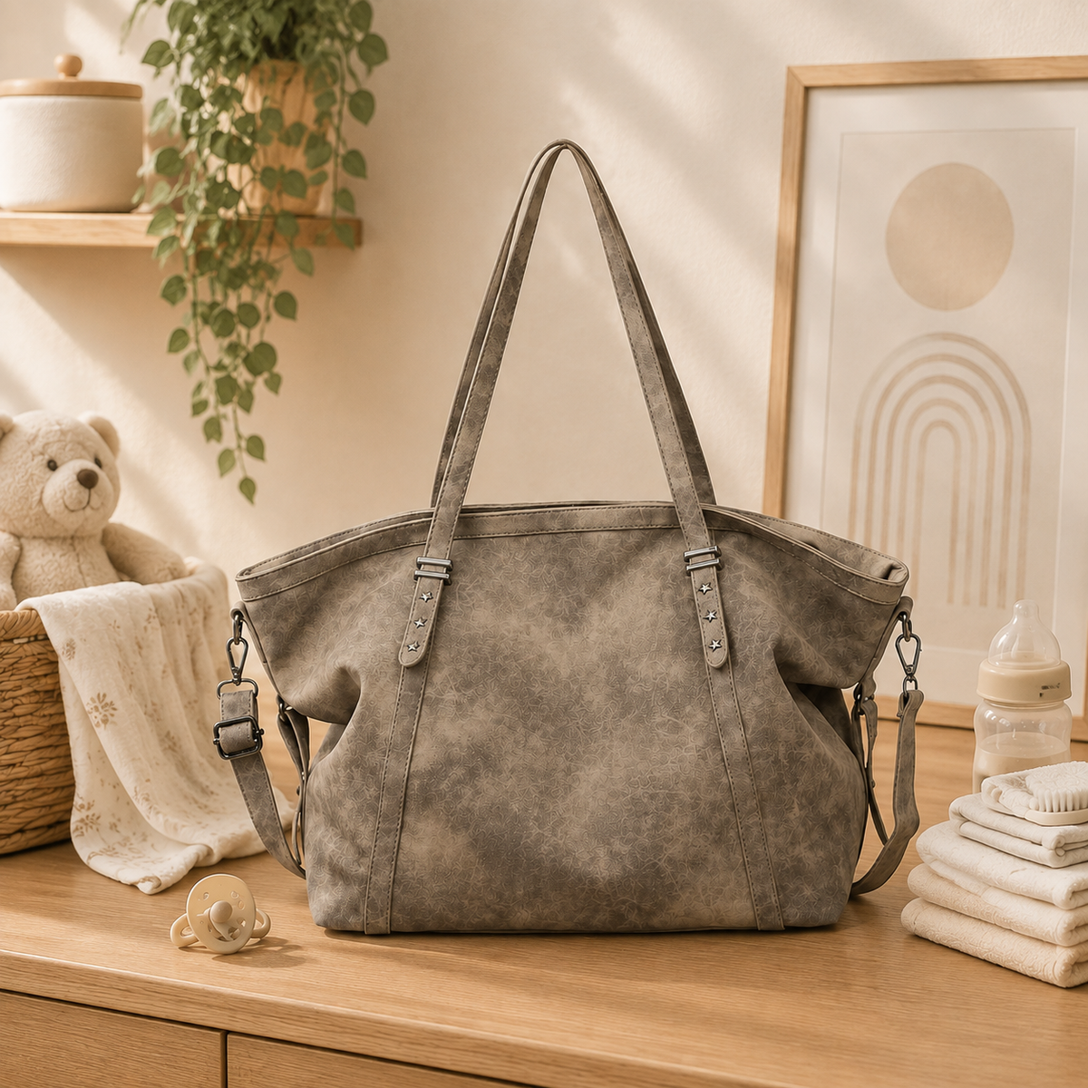 Sac à langer cabas en simili cuir souple, grande capacité, posé dans un intérieur clair aux tons naturels
