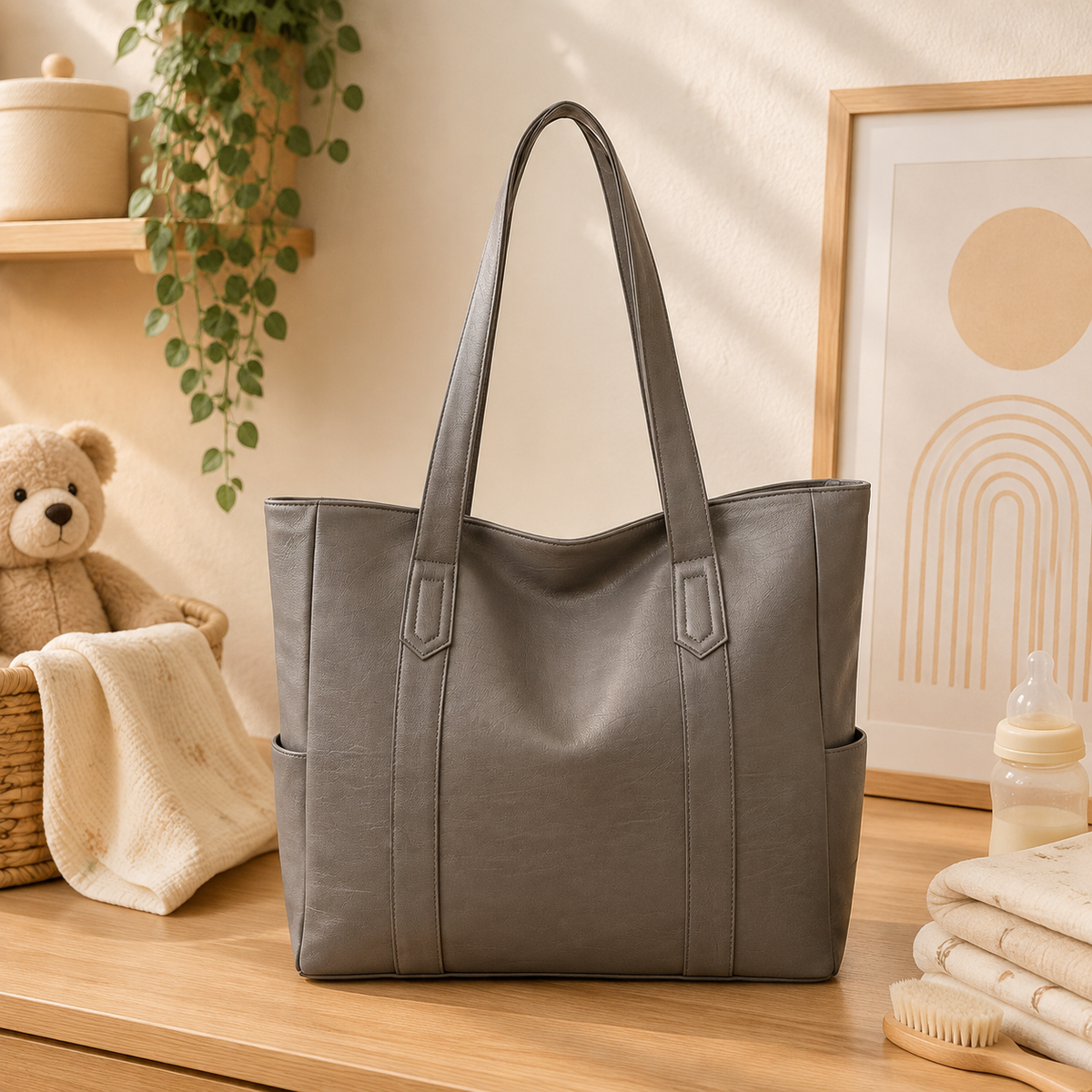 Sac à langer cabas en simili cuir, allure vintage, posé dans un intérieur clair aux tons naturels