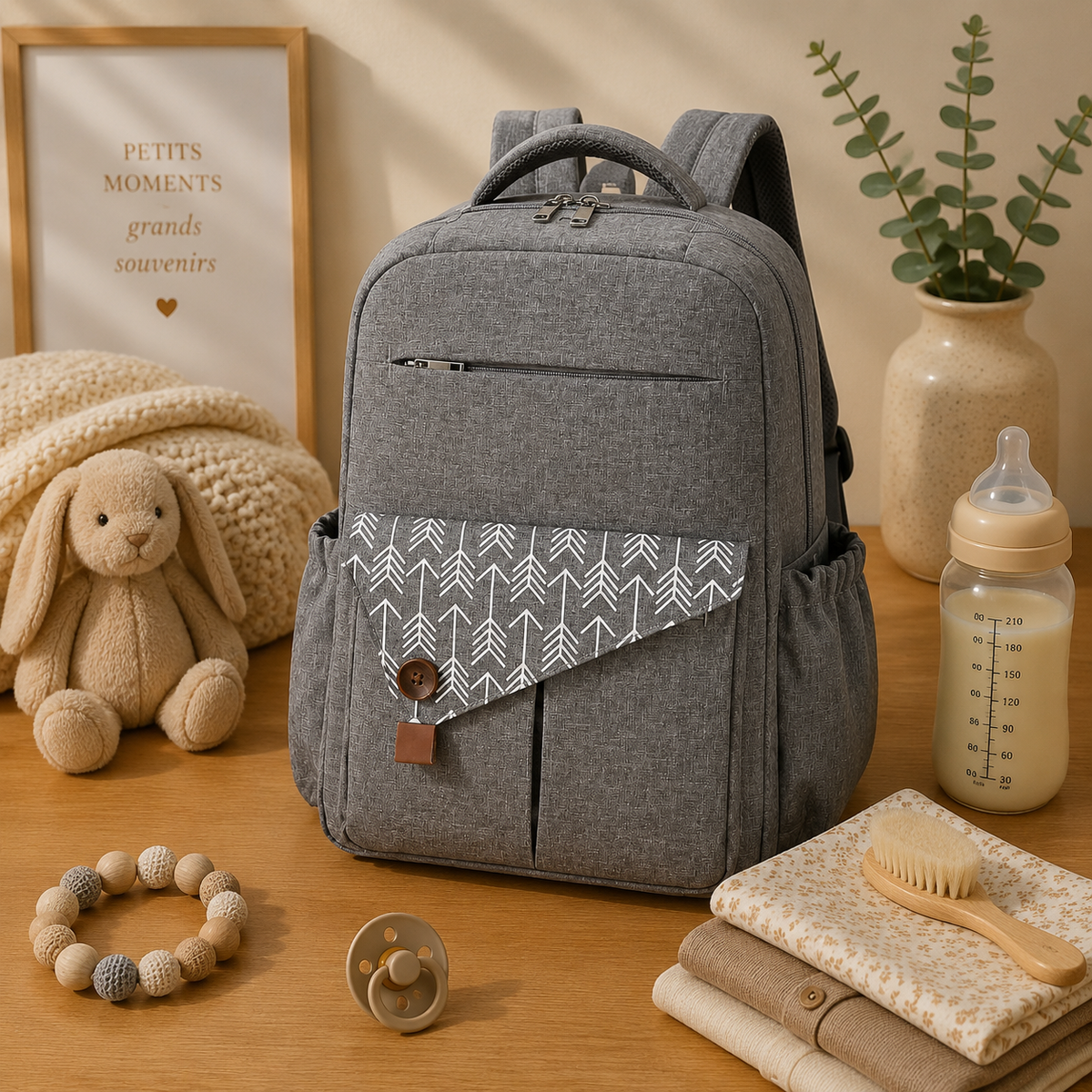 Sac à dos à langer, imperméable, 4 coloris, posé dans un intérieur clair aux tons naturels