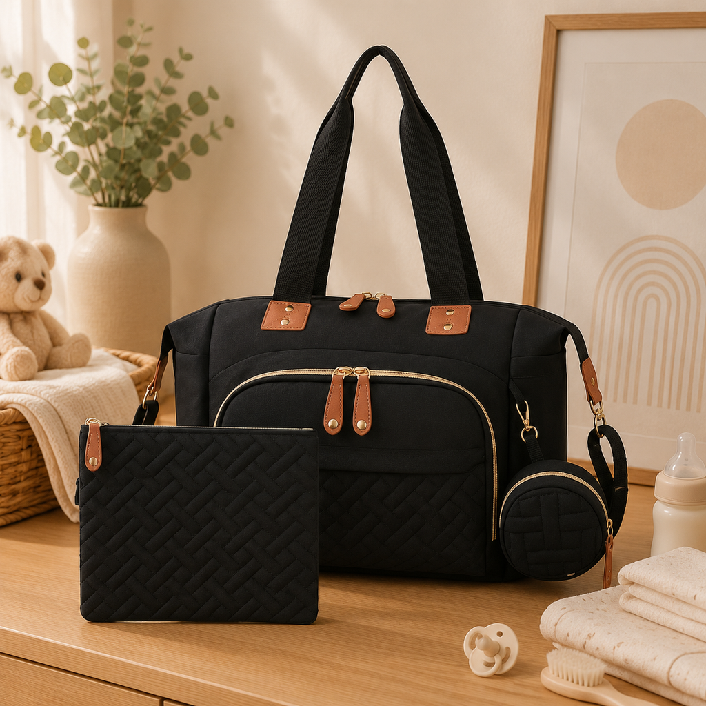 Sac à dos à langer, 2 coloris, posé dans un intérieur clair aux tons naturels