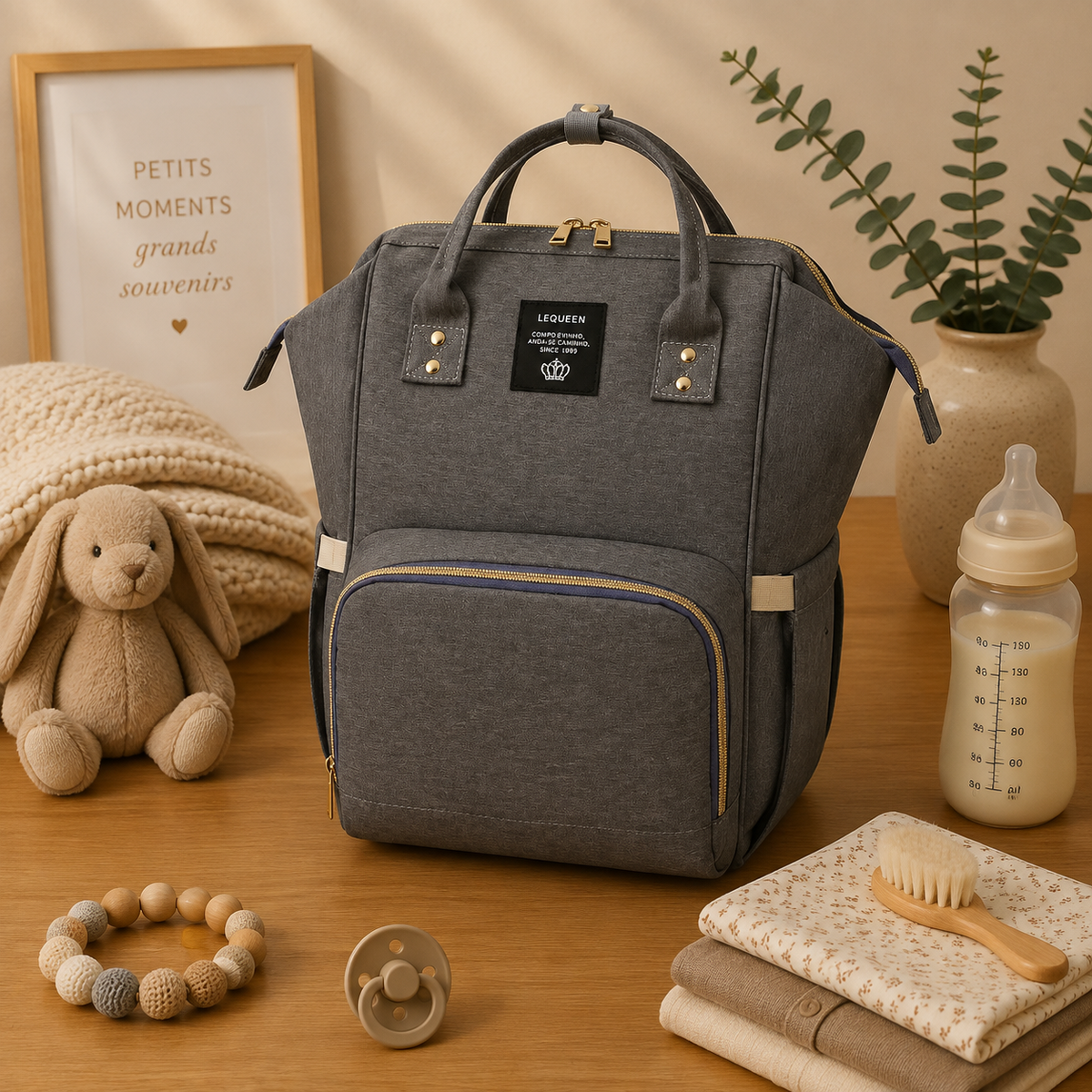 Sac à dos à langer, léopard, gris, posé dans un intérieur clair aux tons naturels
