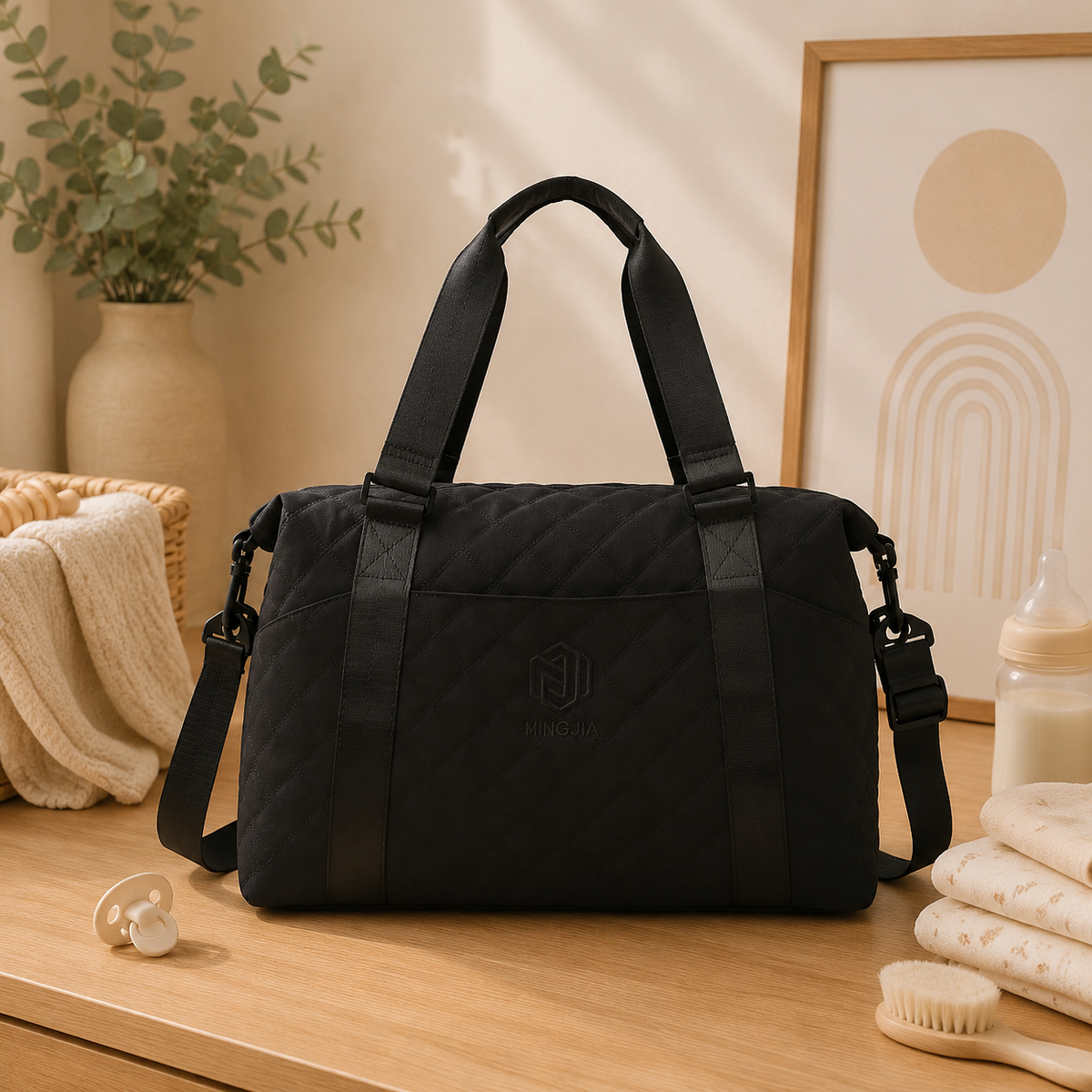 Sac à langer cabas, noir, 5 coloris, posé dans un intérieur clair aux tons naturels