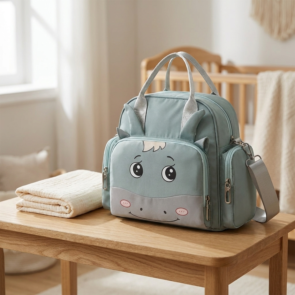 1 pièce Sac à langer bébé vert petit et mignon avec motif de veau multifonctionnel, convient pour ranger les fournitures de bébé, à porter à la main ou en sac à dos pour maman, en situation