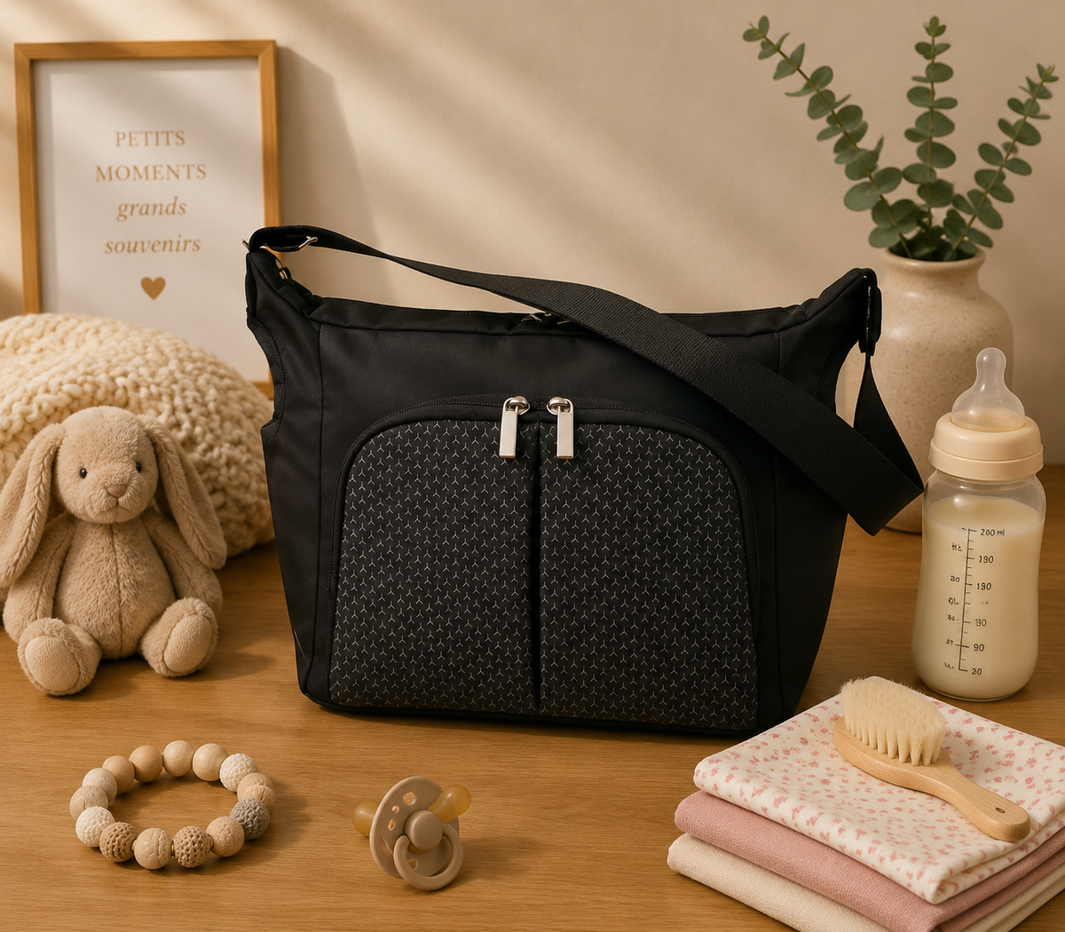 Sac à langer pour poussette, imperméable, noir, posé dans un intérieur clair aux tons naturels