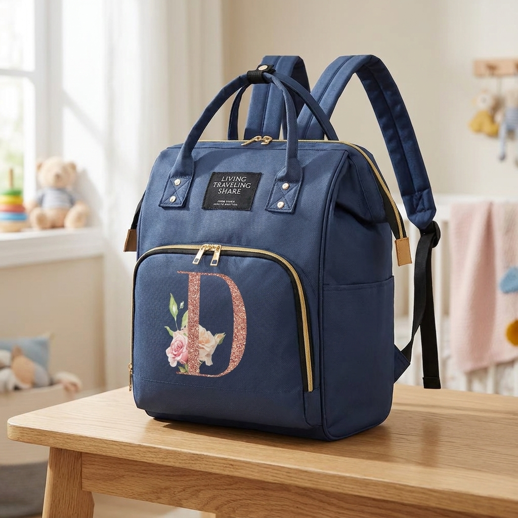 Sac à langer à dos, bleu marine, initiale dorée, en situation