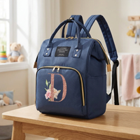 Sac à langer à dos, bleu marine, initiale dorée, en situation