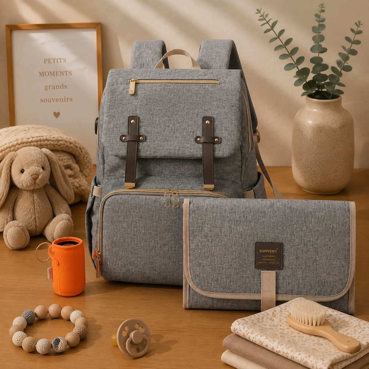 Sac à dos à langer, avec poche isotherme, 21 coloris, posé dans un intérieur clair aux tons naturels