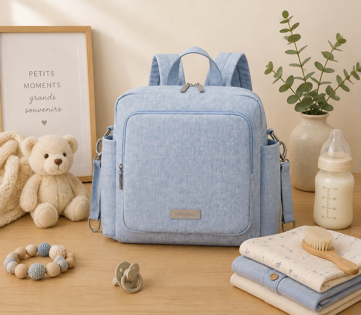 Sac à dos à langer, imperméable, chic, grande capacité, posé dans un intérieur clair aux tons naturels