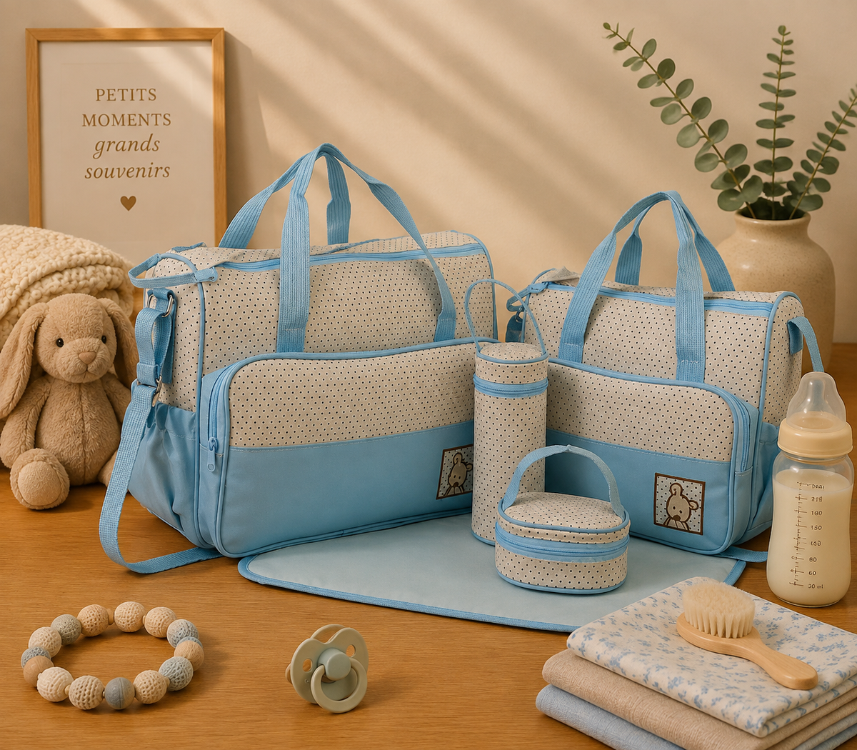 Sac à langer bandoulière, en polyester, bleu, posé dans un intérieur clair aux tons naturels