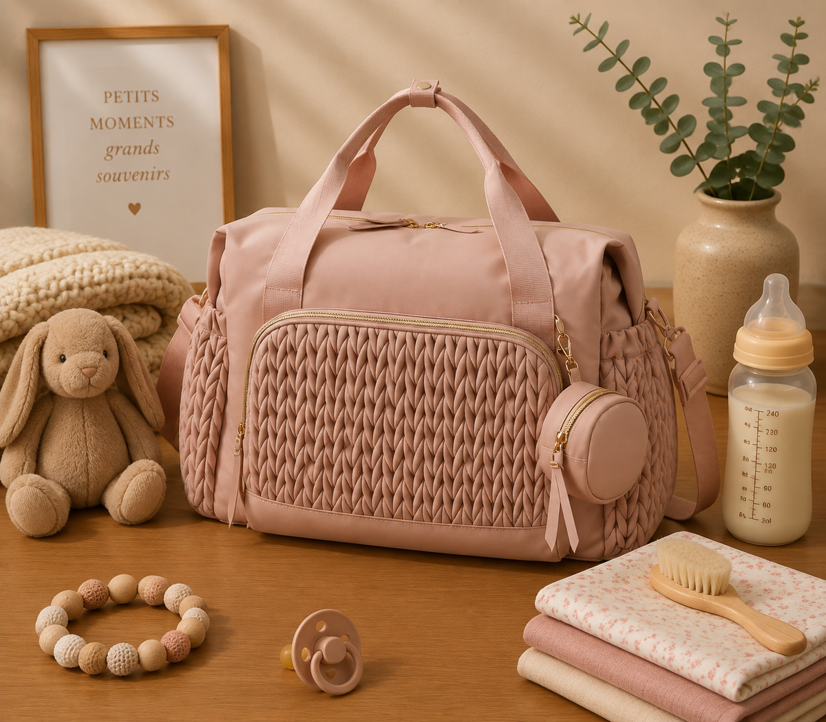 Sac à dos à langer, rose, 3 coloris, posé dans un intérieur clair aux tons naturels