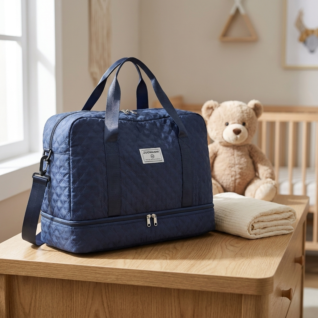 Sac à langer week-end, matelassé bleu marine, en situation