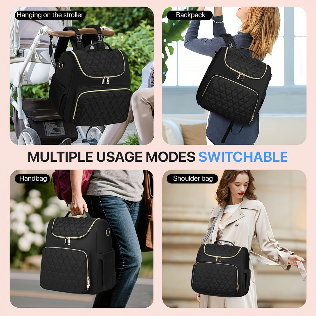 Sac à dos à langer matelassé, pochette et tapis inclus, noir