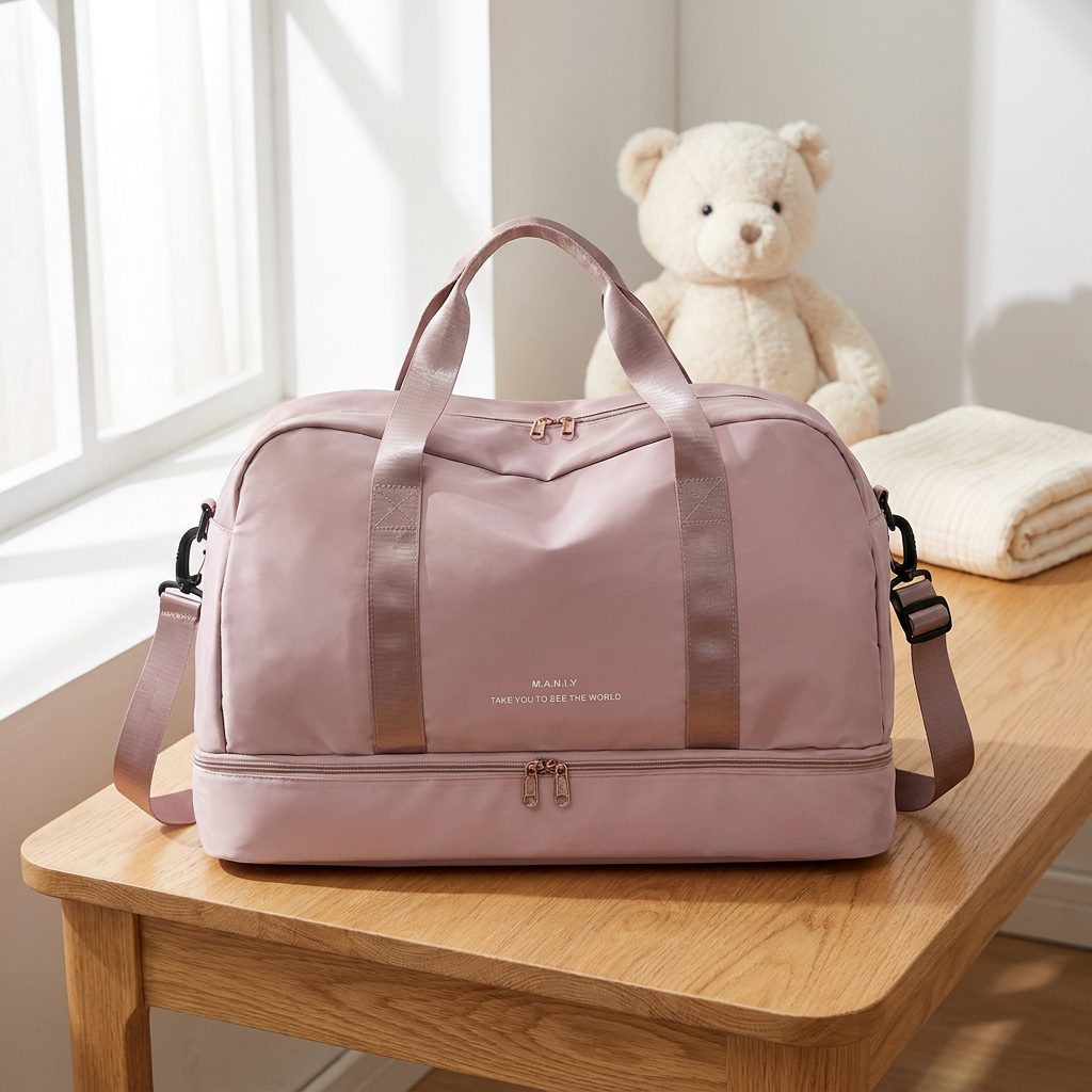Sac à langer week-end, rose poudré, compartiment séparé, en situation