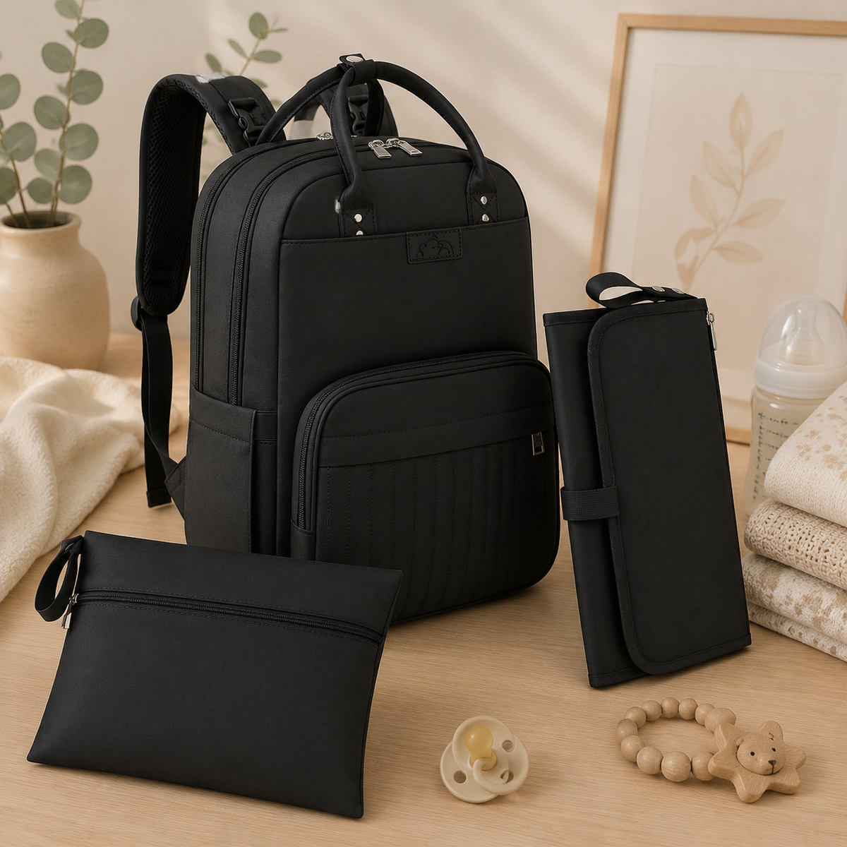 Sac à dos à langer, tapis inclus, chic, voyage, posé dans un intérieur clair aux tons naturels