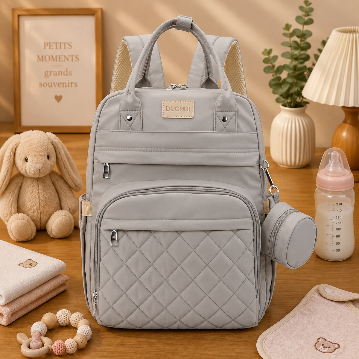 Sac à dos à langer, tapis inclus, compatible poussette, posé dans un intérieur clair aux tons naturels