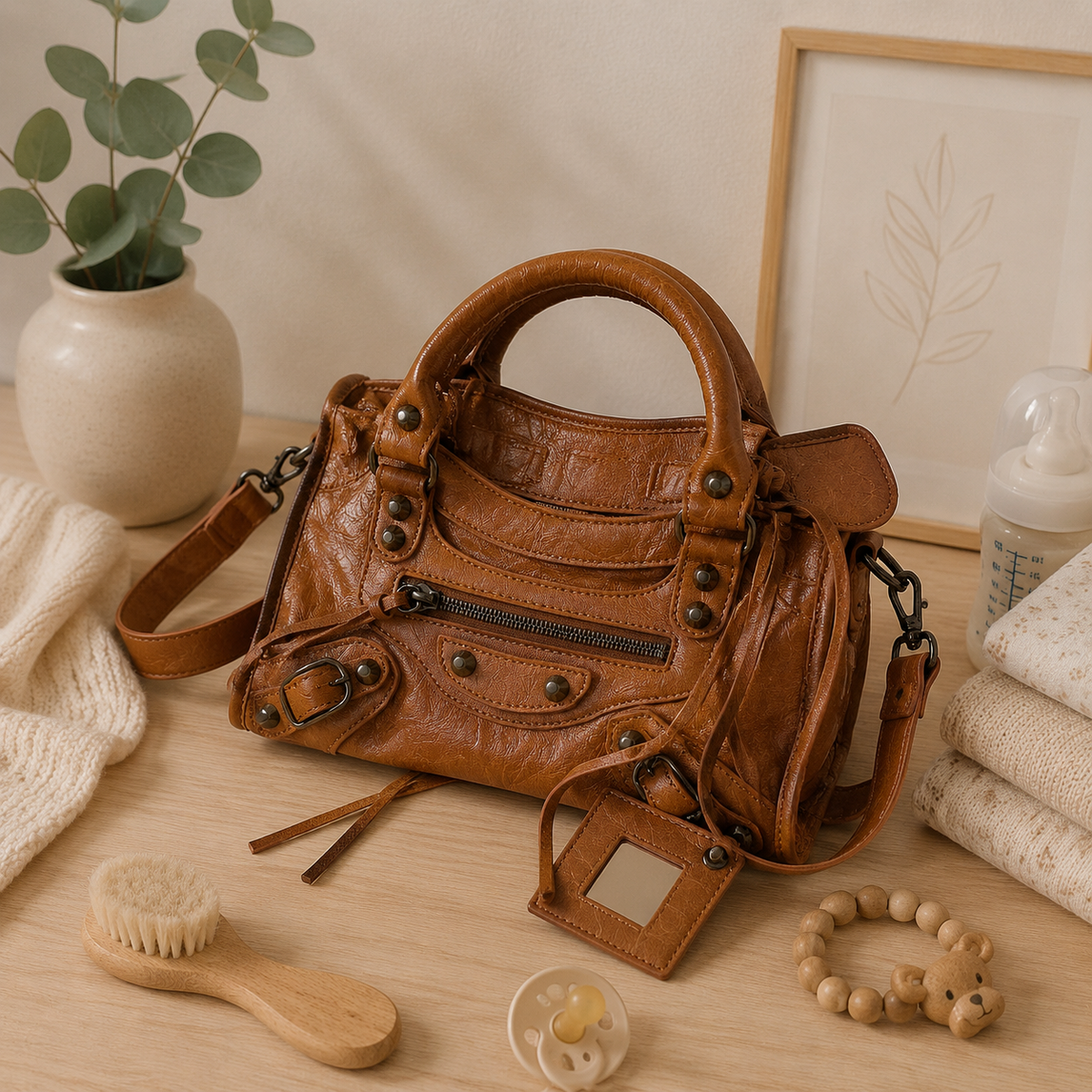 Sac à langer bandoulière, 6 coloris, posé dans un intérieur clair aux tons naturels
