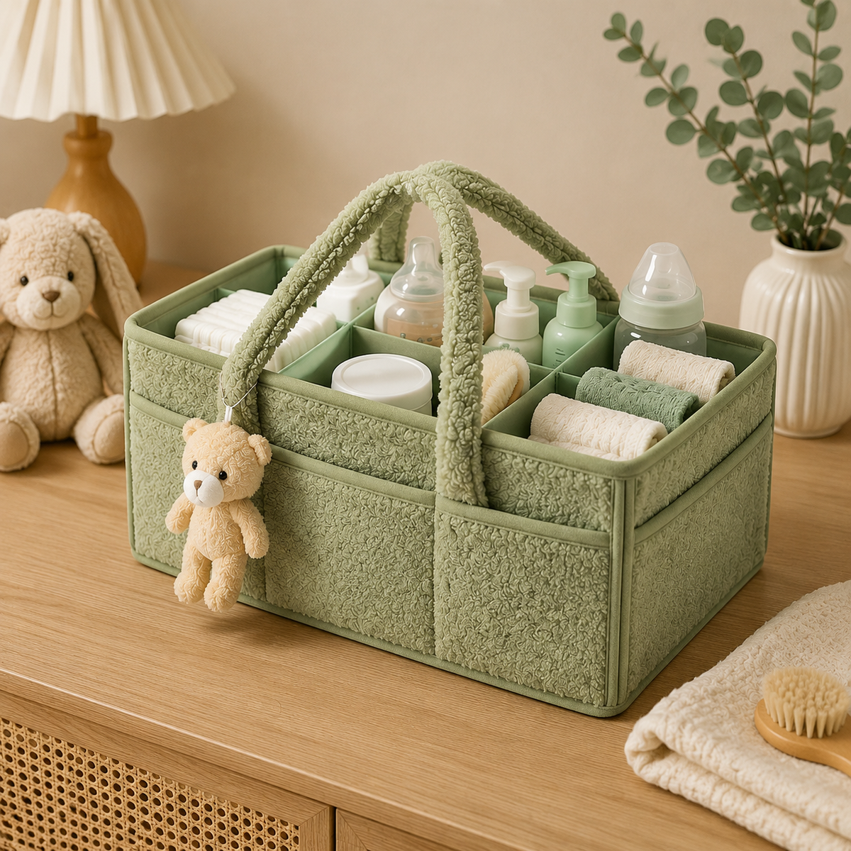 Sac à langer, vert, 3 coloris, posé dans un intérieur clair aux tons naturels