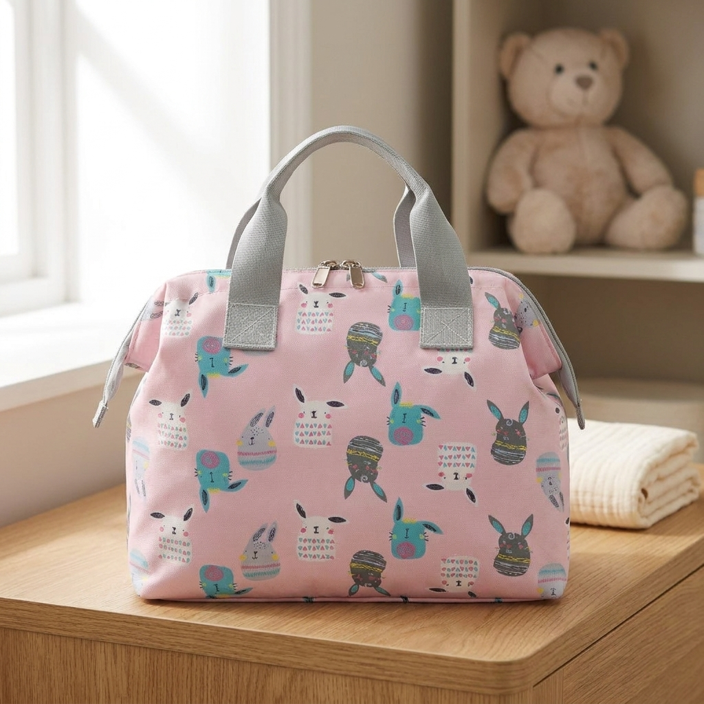 Sac à langer bandoulière, motif lapins, rose, en situation